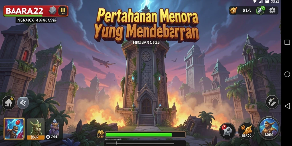 Tampilan gameplay BARA22 dengan menara dan musuh yang beragam.