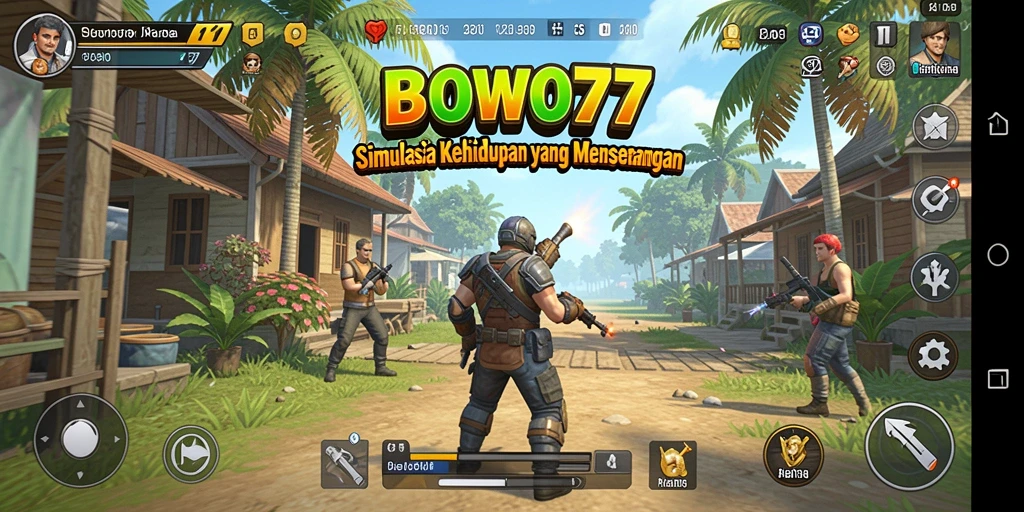 Tampilan gameplay BOWO77 dengan karakter beraktivitas di dunia virtual.