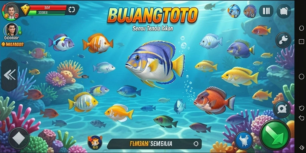 Tangkapan layar gameplay seru di BUJANGTOTO, menangkap ikan dengan beragam senjata.