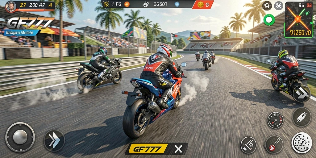 Screenshot gameplay GF777 menampilkan aksi balapan motor yang mendebarkan.