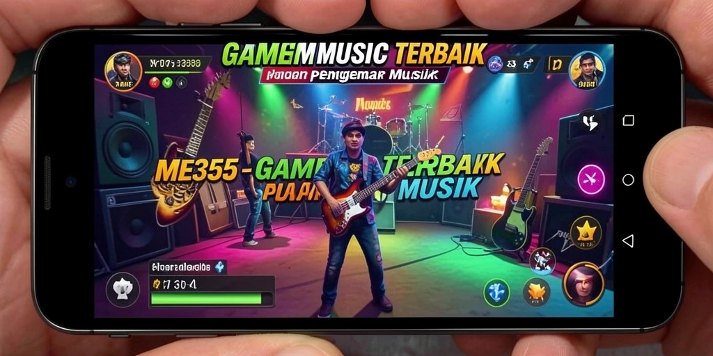 Screenshot utama ME355 menampilkan gameplay interaktif dengan berbagai alat musik.