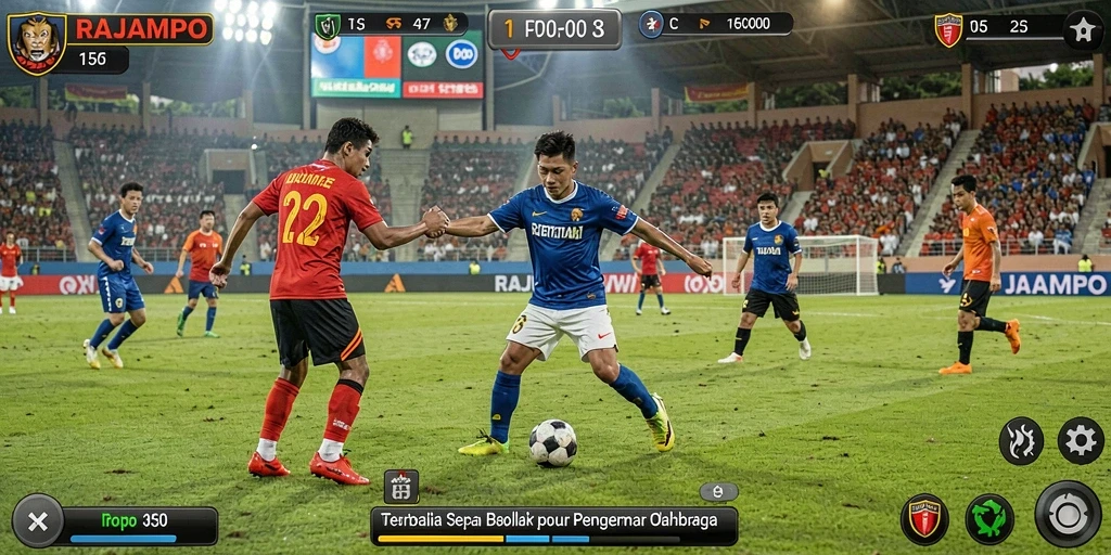 Tangkapan layar utama RAJAMPO menampilkan aksi sepak bola yang mendebarkan.