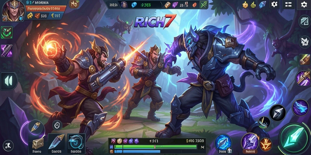 Gameplay RICH7 yang penuh aksi dan strategi MOBA