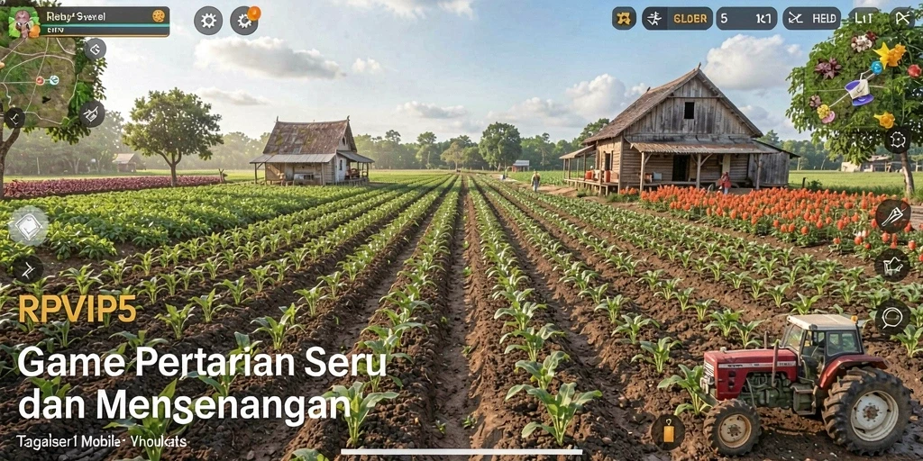 Tampilan gameplay RPVIP5 yang menampilkan ladang hijau dan hewan ternak.
