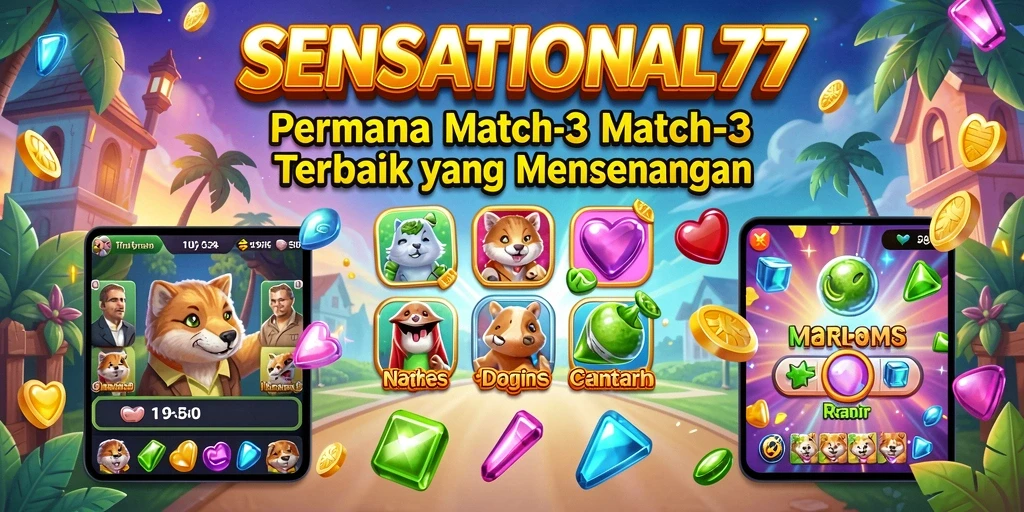 Screenshot gameplay SENSATIONAL77 menampilkan koleksi elemen Match-3 yang berwarna-warni.