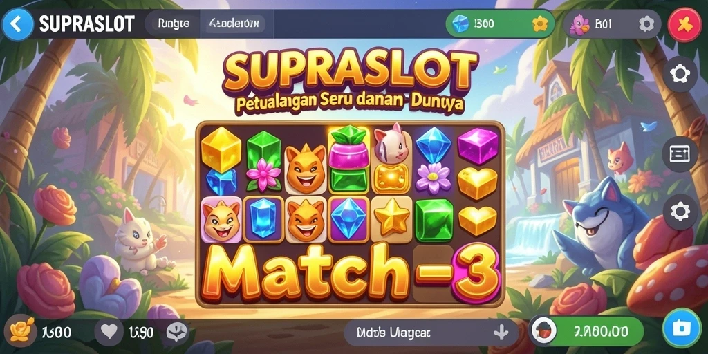 Screenshot SUPRASLOT menampilkan gameplay seru Match-3 yang menantang.